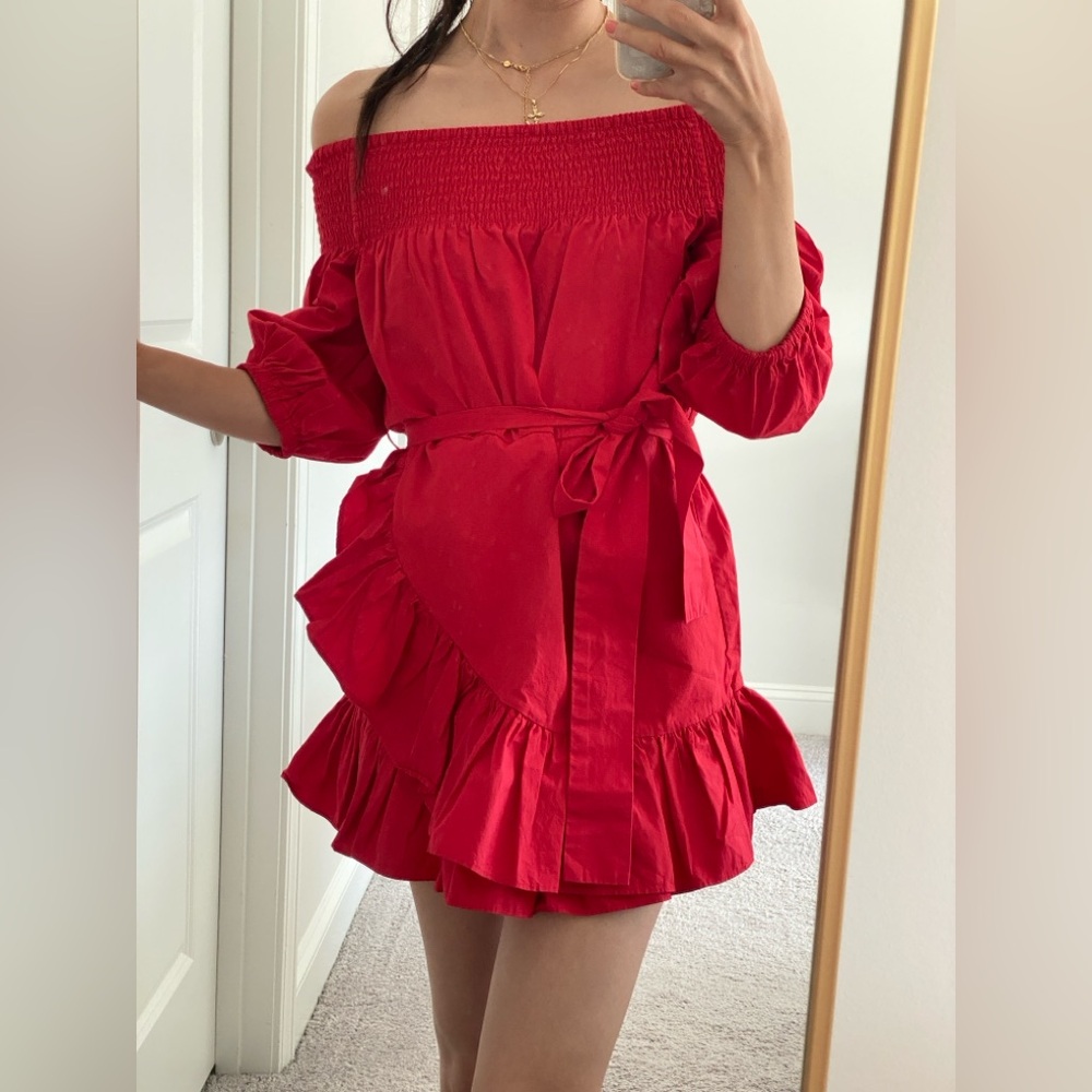 Tularosa Maida Off-Shoulder Red Dress with Ruffle Hem